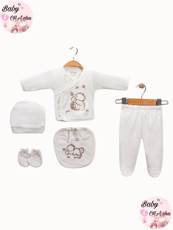 Krem renkli kahverengi ayıcık desenli 5’li unisex bebek zıbın takımı - zıbın üst, pantolon, bere, eldiven, önlük