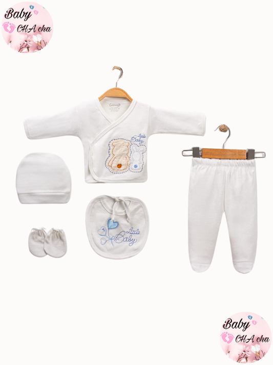 Krem renkli "Little Baby" yazılı ayıcık desenli 5’li unisex bebek zıbın seti - zıbın üst, pantolon, bere, eldiven, önlük

