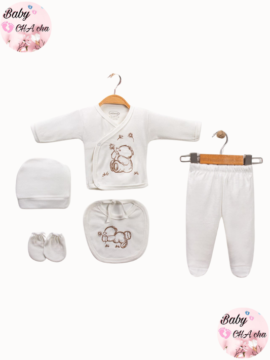 Krem renkli kahverengi ayıcık desenli 5’li unisex bebek zıbın takımı - zıbın üst, pantolon, bere, eldiven, önlük

