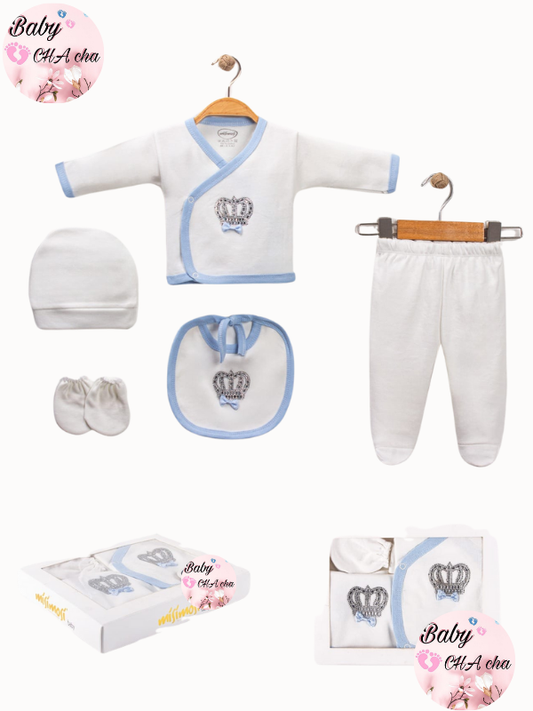 Mavi detaylı taç desenli 5’li erkek bebek zıbın takımı - zıbın üst, pantolon, bere, eldiven, önlük, kutulu

