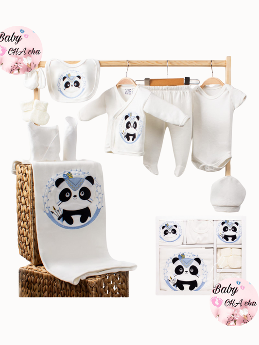 Mavi ok desenli sevimli panda baskılı, 10 parçalık unisex yenidoğan bebek hastane çıkışı seti, pamuklu kıyafetlerle birlikte.

