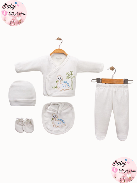 Krem renkli, mavi dinozor desenli 5’li unisex bebek zıbın seti - zıbın üst, pantolon, bere, eldiven, önlük

