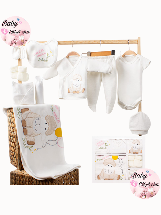Mee Mee yazılı balonlu kuzu desenli, 10 parçalık %100 pamuk unisex yenidoğan bebek hastane çıkışı seti.

