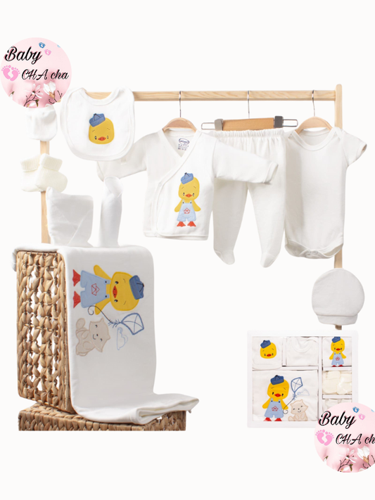 Uçurtma uçuran sarı ördek ve kedi desenli, 10 parçalık pamuklu unisex bebek hastane çıkışı seti, kutulu sunum ile birlikte.

