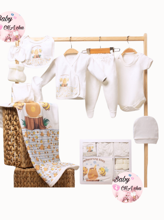 Hardworking Bees temalı arı desenli 10 parçalık %100 pamuk unisex bebek hastane çıkışı seti, kutulu sunumuyla birlikte.

