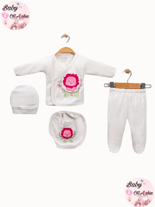 Krem renkli aslan figürlü 5’li unisex bebek zıbın seti - zıbın üst, pantolon, bere, eldiven ve önlük

