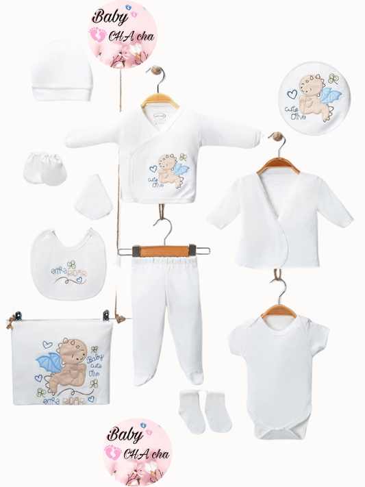 Cute Olive yazılı, dinozor figürlü ve kalpli beyaz 10 parçalık %100 pamuk unisex yenidoğan bebek hastane çıkışı seti.

