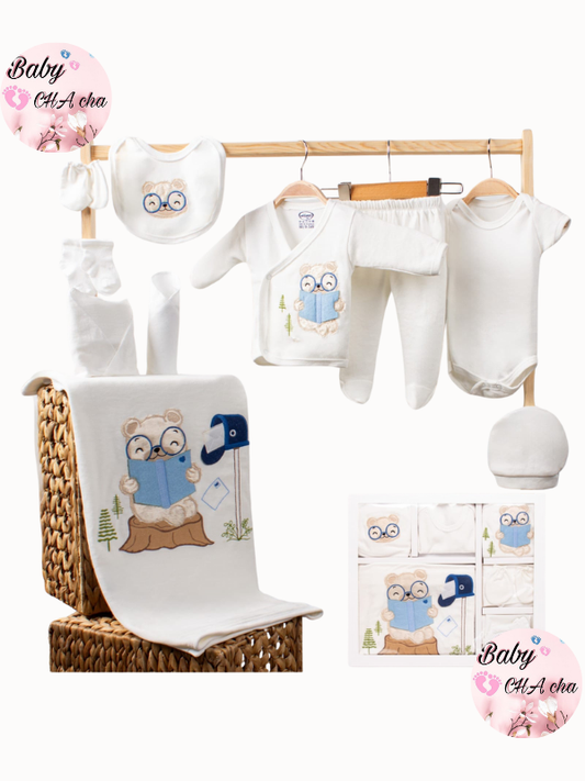 Ayıcık kitap okuyan desenli, beyaz renkli, %100 pamuklu 10 parçalık unisex bebek hastane çıkış seti.

