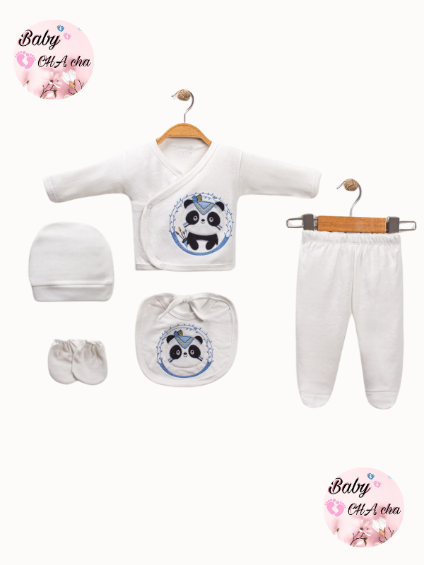 Krem renkli mavi çelenkli panda desenli 5’li unisex bebek zıbın seti - zıbın üst, pantolon, bere, eldiven, önlük

