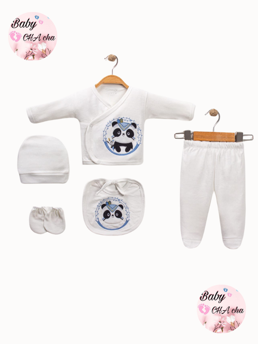 Krem renkli mavi çelenkli panda desenli 5’li unisex bebek zıbın seti - zıbın üst, pantolon, bere, eldiven, önlük

