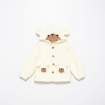 Kuzu Kumaş Ayıcık Kulak Kapüşonlu Çocuk Montu