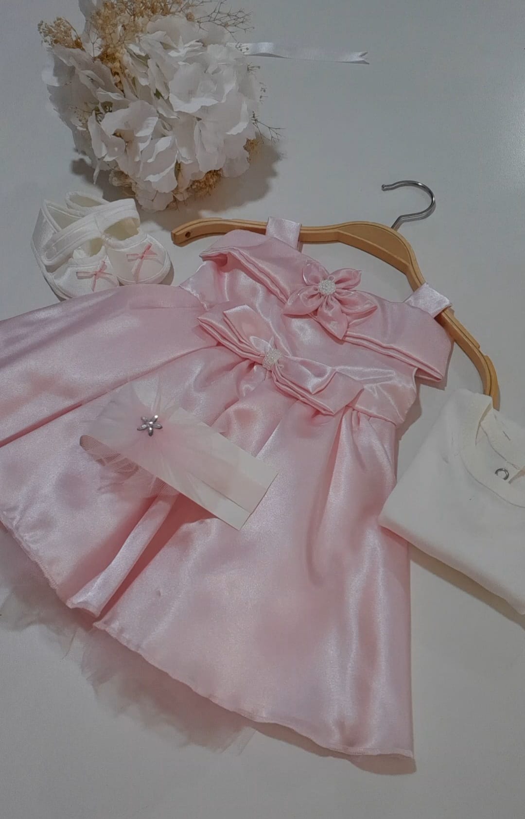 Saten Pembe Kız Bebek Elbise Takımı