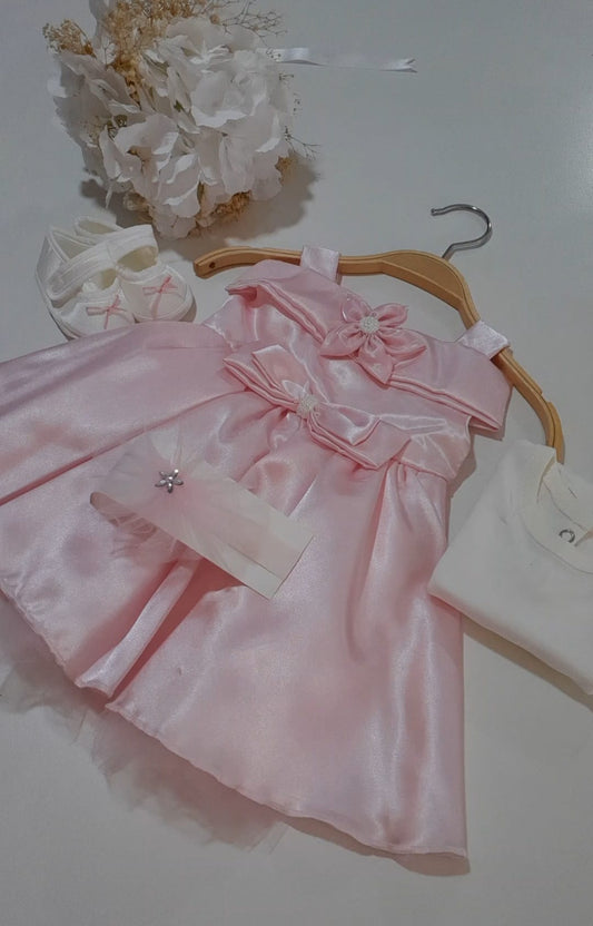 Saten Pembe Kız Bebek Elbise Takımı